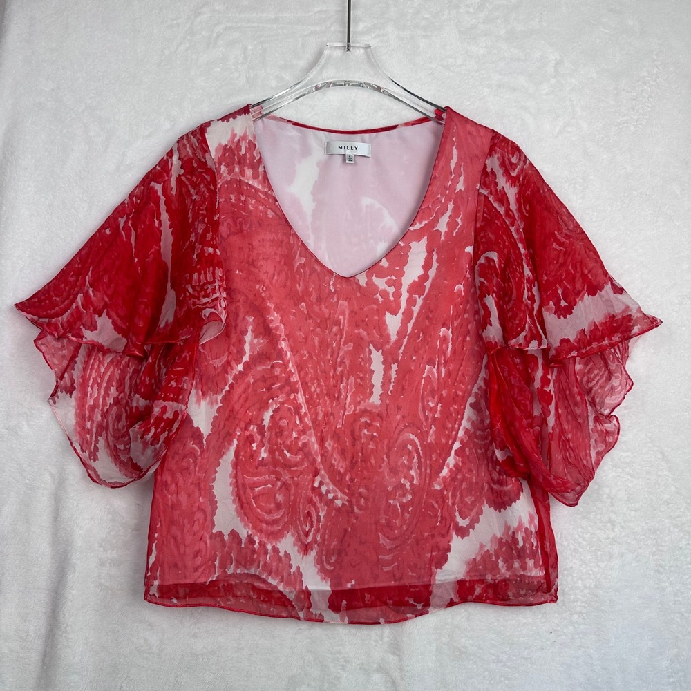 Milly Red Paisley Print Ruffle Sleeve V Neck Blouse Top Size 2